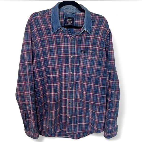 Vintage Looks Plaid Button Down Shirt XL Denim Collar Red White Blue - Picture 4 of 7